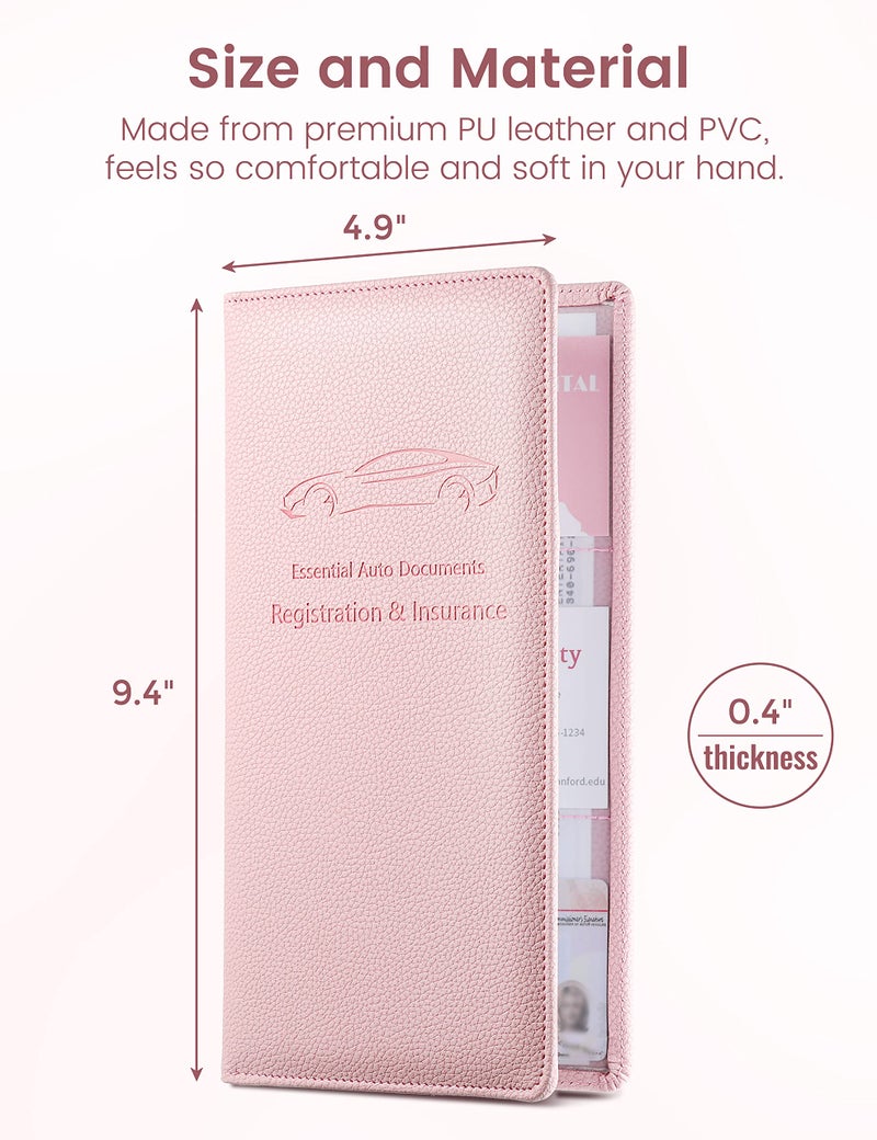 Yarnic Car Registration and Insurance Holder  Pu Leather Car Registration and Insurance Card Holder Car Document Holder for Cards  Essential Document  Driver License (Pink) - Image 2